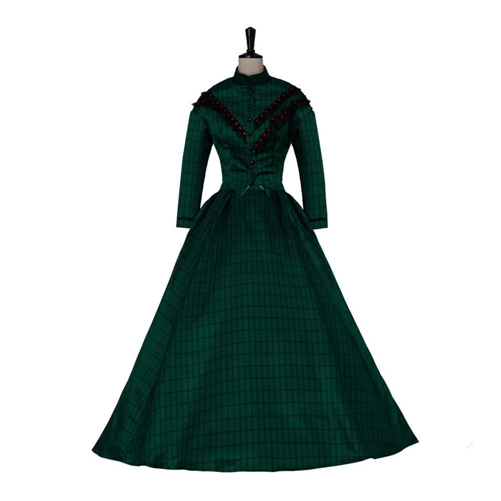 Victorian Medieval Costume Renaissance Royal Ball Gown Women Green Plaid Long Sleeve Top Skirt Suits Halloween Cosplay Dress