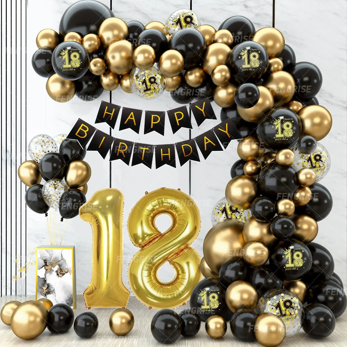 Black Gold Balloon Garland Arch Kit Happy 18 30 40 50 Year Old Birthday Party Decor Adults Anniversary Confetti Latex Balloon