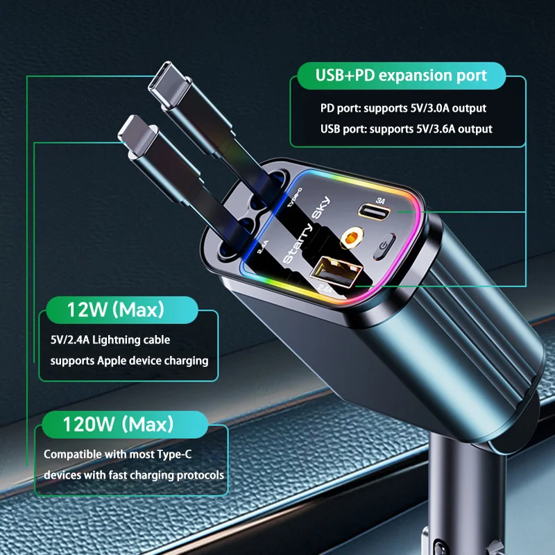 

Выдвижное автомобильное зарядное устройство 4 в 1, кабель USB PD типа C для мобильного телефона для iPhone, шнур быстрой зарядки, прикуриватель, адаптер QC 2025