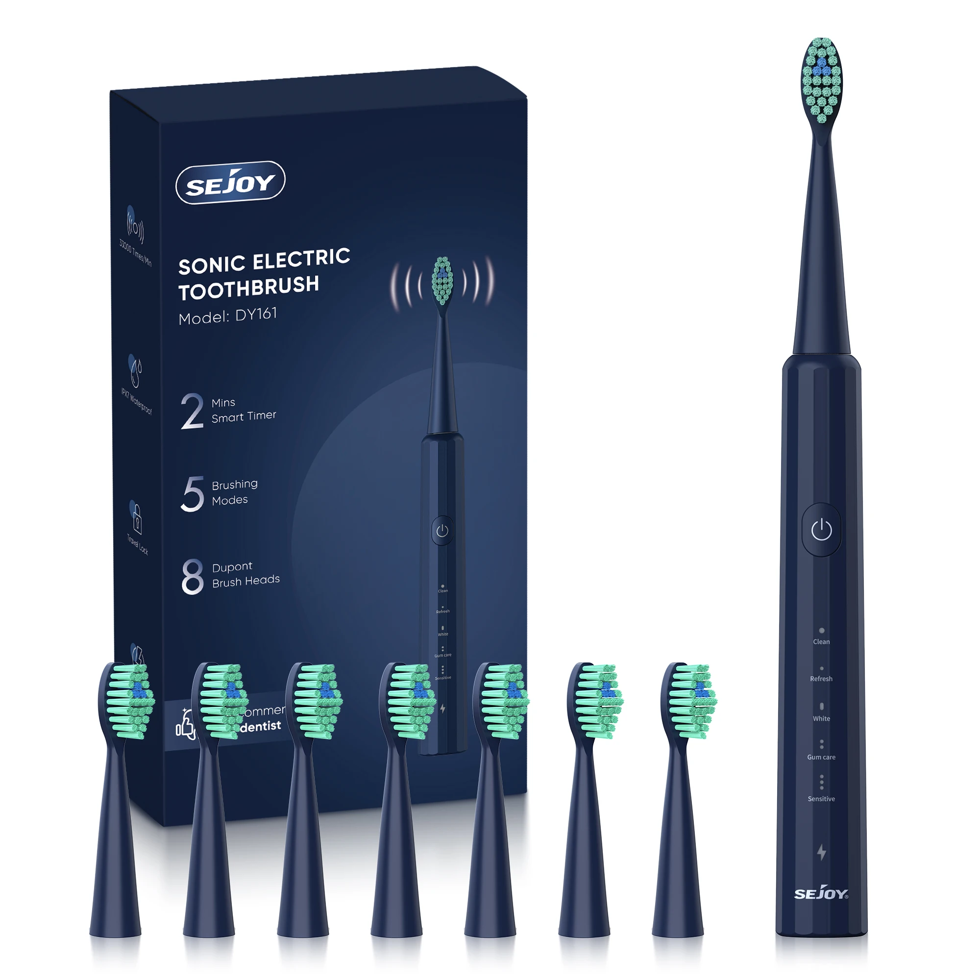 Sejoy Electric Toothbrush With 8PCS Replacement Head 5 Modes Teeth Clean Whitening Sonic Smart Timing Tooth Brush Rechargeable