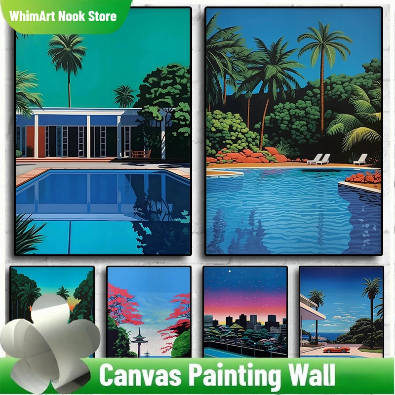 Hiroshi Nagai Japón piscina Palma puesta de sol púrpura carteles impresiones Vaporwave cuadro sobre lienzo para pared imágenes nórdicas decoración para sala de estar