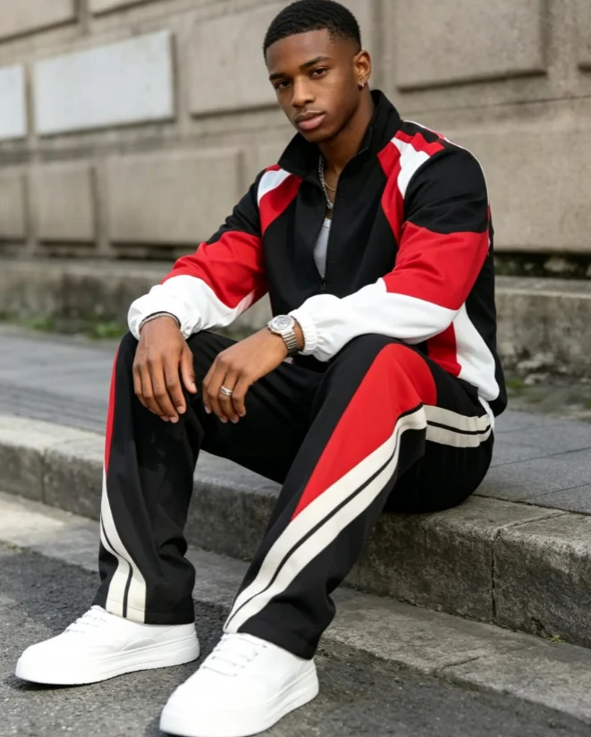 Men's Jacket Suit Color-Blocked Multi-Color Stand Collar Short Jacket Top with Long Pants, School Uniform, Team Outfit, Sports C