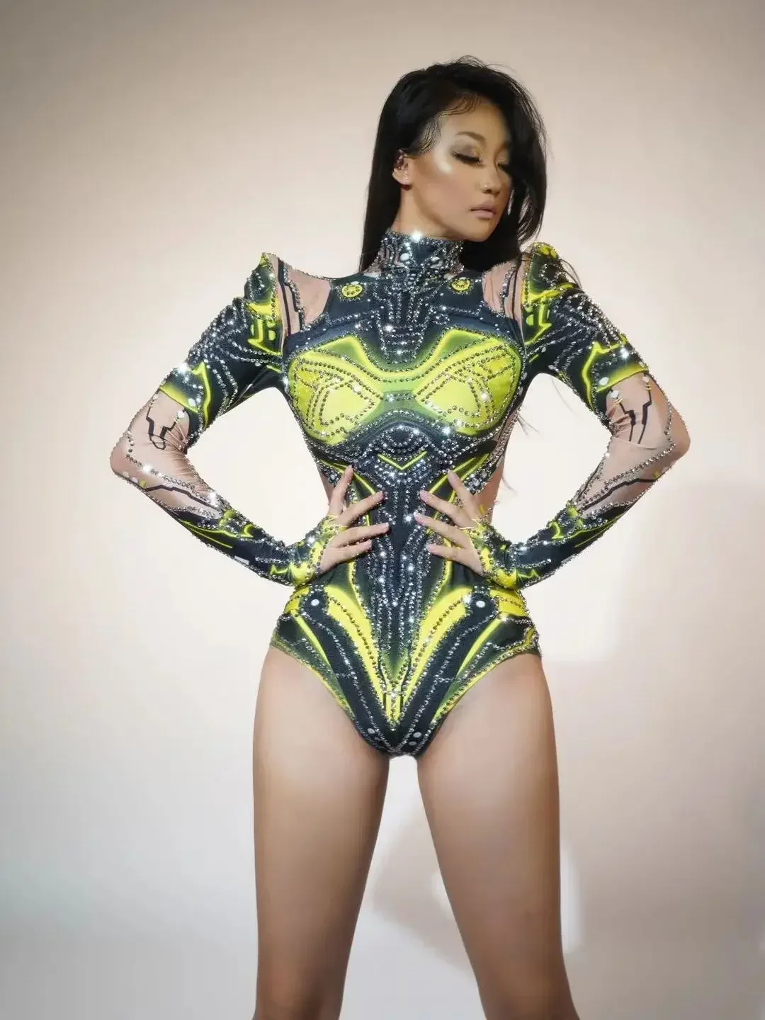 Brilhante colorido high street bodysuit strass desempenho dança cantor traje noite clube festa palco outfit 2024 nova moda