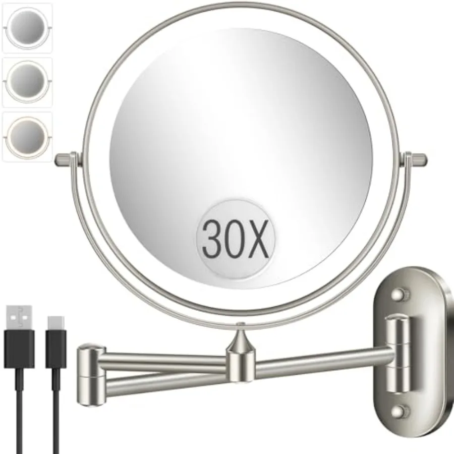 

30X/1X Wall Mounted Lighted Makeup Mirror, 8'' Double Sided Rechargeable Magnifying Bathroom Mirror with Light, 3 Color Lights