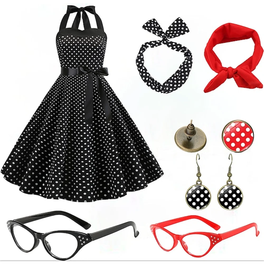 Women's Rockabilly Dress Polka Dots Swing Flare Dress with Accessories Set Earrings Headband Glasses Gloves Dress