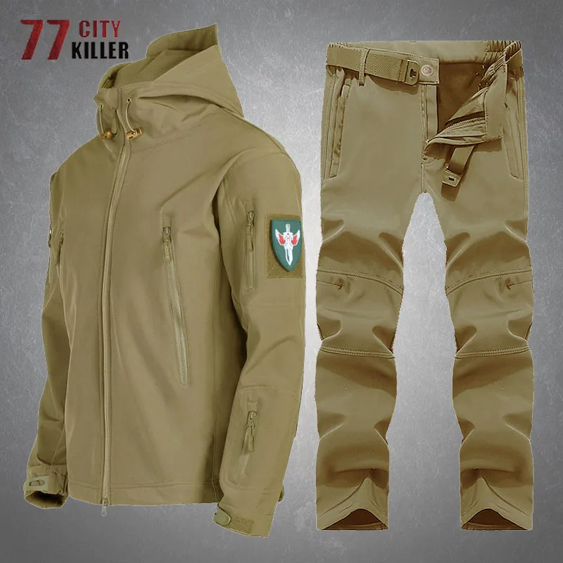 Soft Shell Jackets + Pants Sets Men Winter Fleece Warm Military Hooded Jacket Outdoor Windproof Multi-pocket Climbing Suits Male