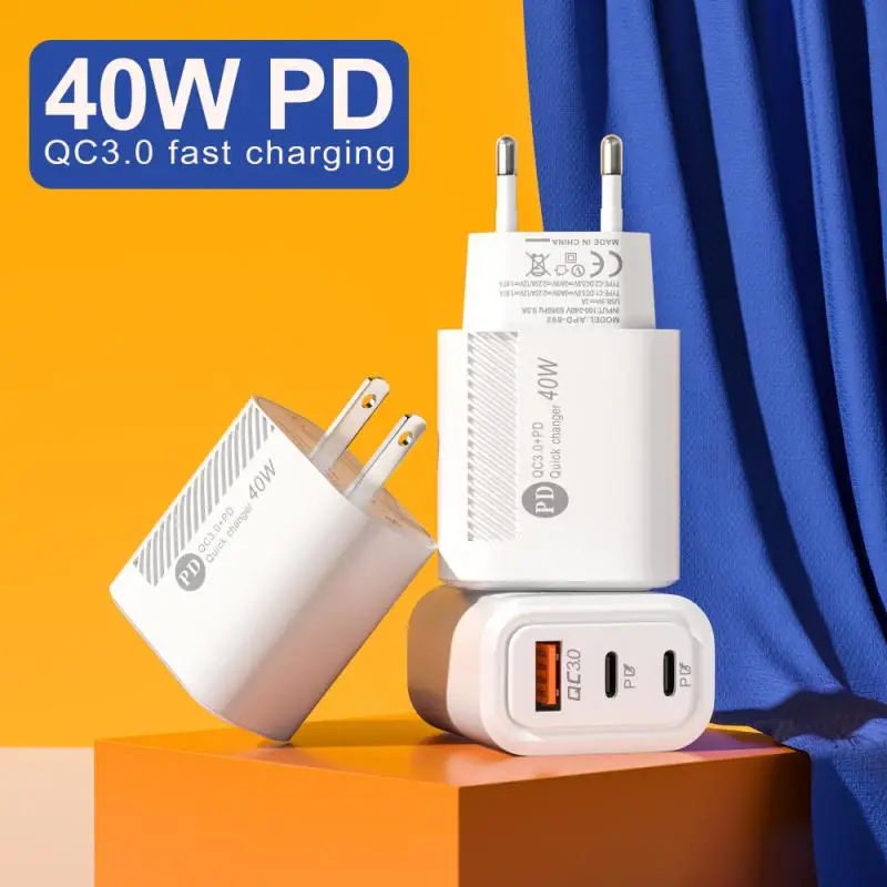 Small twill charger with dual PD+USB40WTYPEC ports for fast charging QC3.0 European/American travel charging