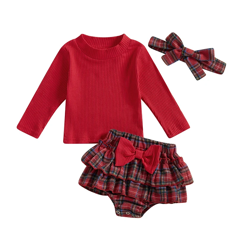 

Baby Girls Shorts Set Long Sleeve Crew Neck T-shirt Plaid Shorts Headband Fall Outfit Clothing Set