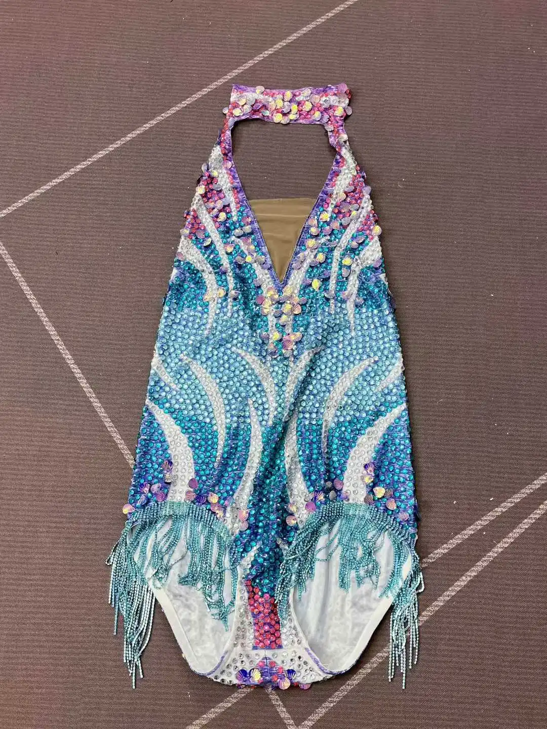 Sexy Twinkling Seashell Sequins Crystals Chains V-neck Bodysuit Women Blingbling Performance Fashion Show Photoshoot Stage Wear