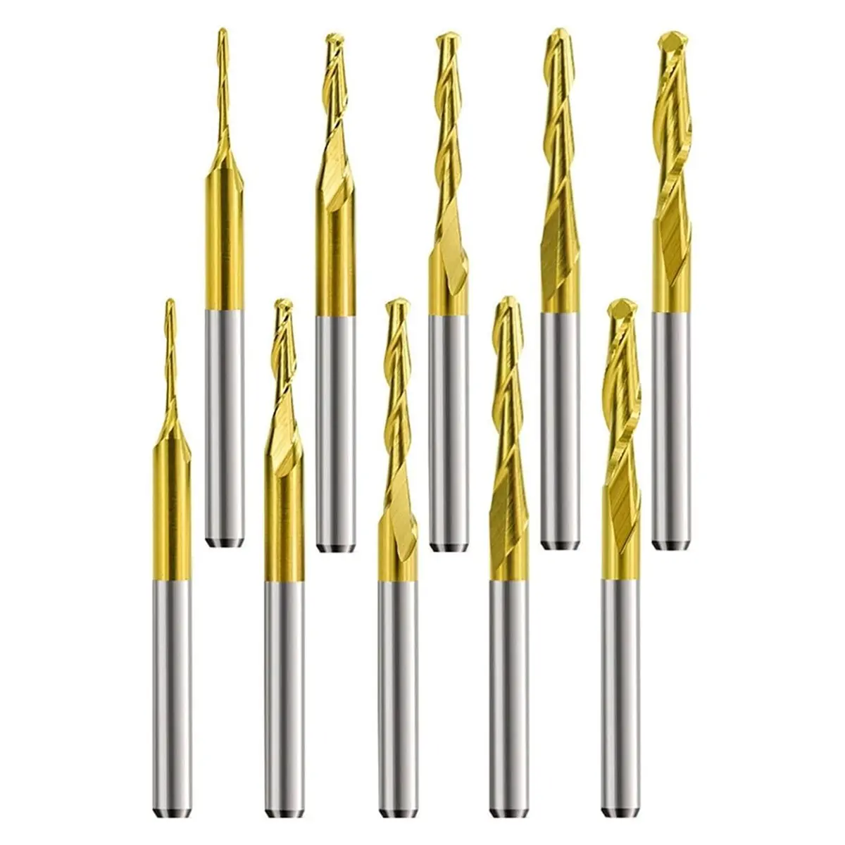 10Pcs Precise CNC Router Bits, Carbide Ball Nose End Mills, 1/8inch Shank, 2-Flute Spiral for Diverse Material Cutting