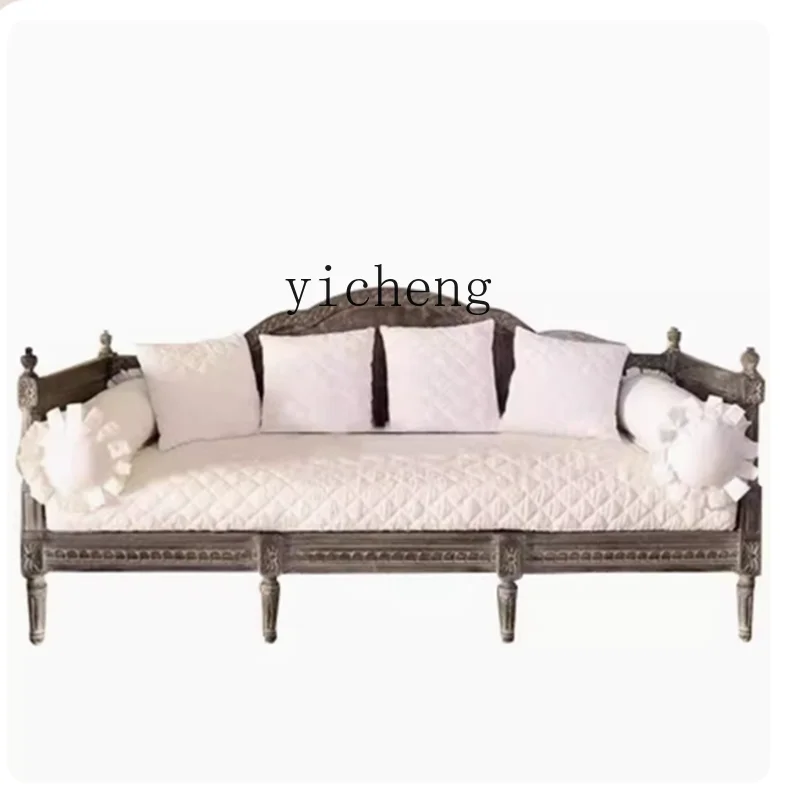 ZK High-End Wood Carved Sofa Small Apartment Living Room Combination Furniture Retro Distressed Three-Person Sofa Bed