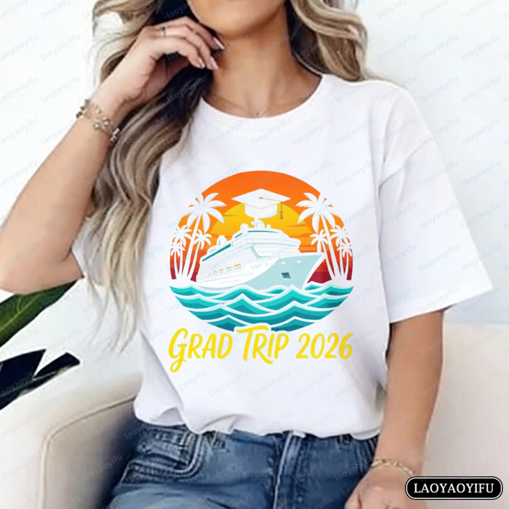 Grad Trip 2026 Cruise Cotton T-Shirt for Women Men Sunset Beach Graphic Tee Vacation Casual Tops Class of 2026 Casual Ropa Mujer