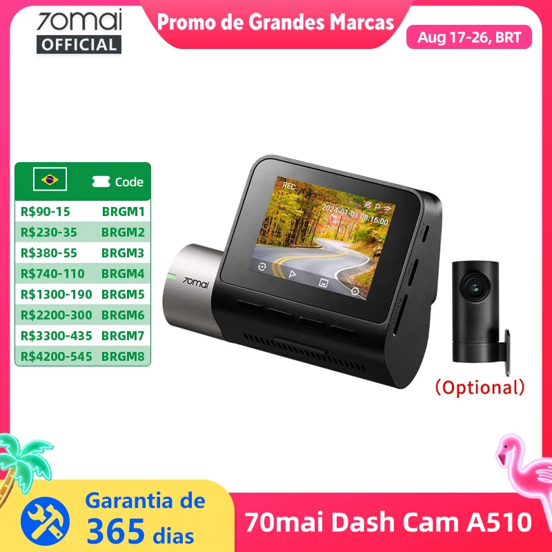 Versão Global 70mai Dash Cam A510 1944P Imagem 3K HDR GPS ADAS 140FOV Estacionamento 24H 4G Car DVR 70mai A510 Suporta Câmera Traseira