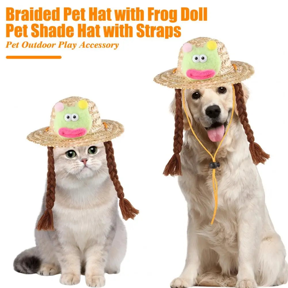 

Pet Cat Dog Headgear ,Adorable ,Pet Braided Hat Dog Straw Woven Hat,Pet Hat with Cute Frog Doll,Pet Dress Up Headwear
