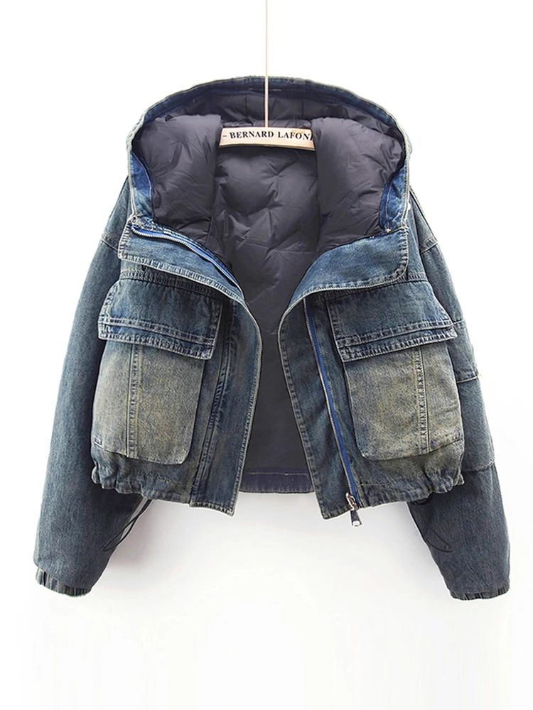 Korean Version Denim Jacket With Double-sided Patchwork Hooded Short Cotton Coat For Women Winter New Fashion Design Trendy