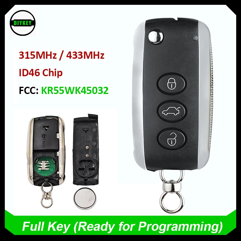 

DIYKEY 3 Button KR55WK45032 315MHz 433MHz ID46 Keyless Go Flip Remote for Bentley Continental GT Flying Spur 2005-2016 Smart Key