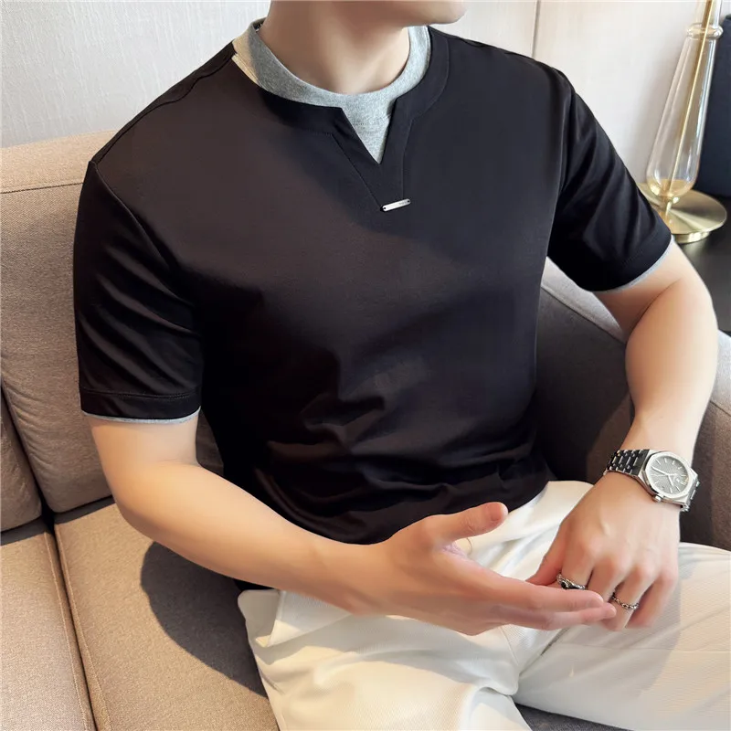 

Men's Black Streetwear T-shirt - 2025 Summer Fake Layered Design with Metal Accents, Contrast Collar Urban Style