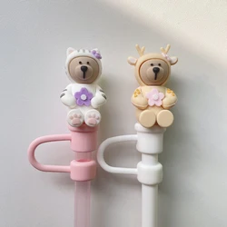 1PC Cute Cherry Blossom Bear Deer Straw Cover For Starbucks 7-8mm Sippy Tumbler Cup Reusable Dust Stopper Straw Cap Accessories
