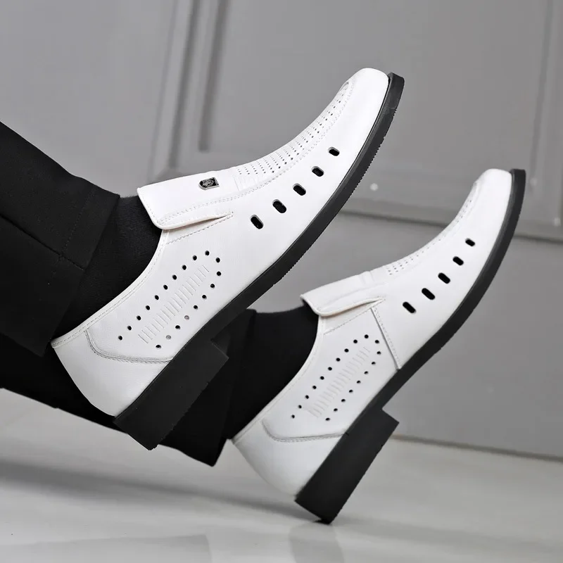 2024 Summer Shoes Men Brogues Genuine Leather Mens Casual Shoes Breathable Brand Male Footwear Black White KA4499