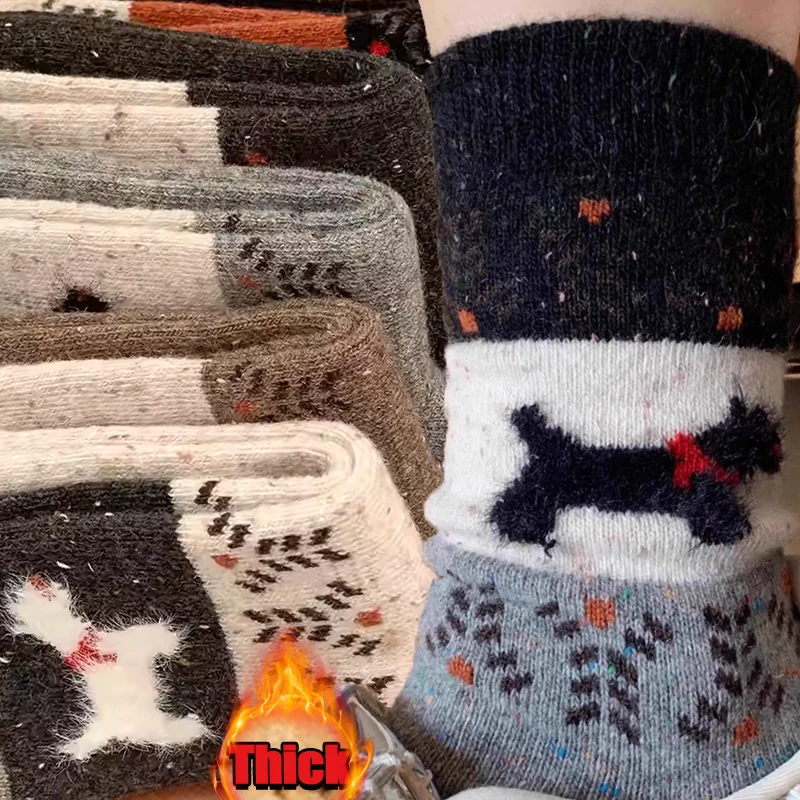 

2025 толстые шерстяные носки средней длины, модные Harajuku, осенне-зимние стильные носки с милым ворсом для щенков, повседневные винтажные рождественские подарки