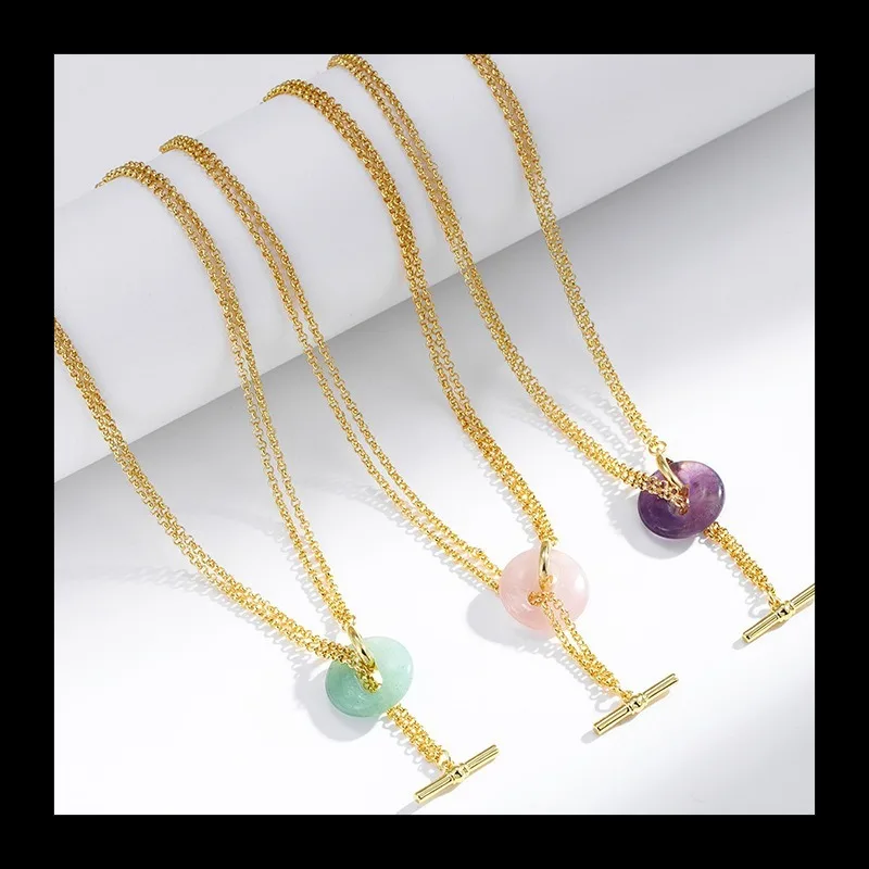 

OT Buckle Necklace Women's Copper Plated Real Gold Natural Gemstone Adjustable Collarbone Chain, Retro Pendant Treatment