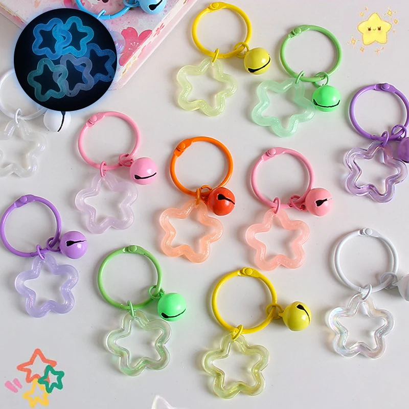 Luminous Metal Keyrings With Open Ring Buckle Hollow Star Bells Pendant Colored Keychain Backpack Charms Car Key Accessories