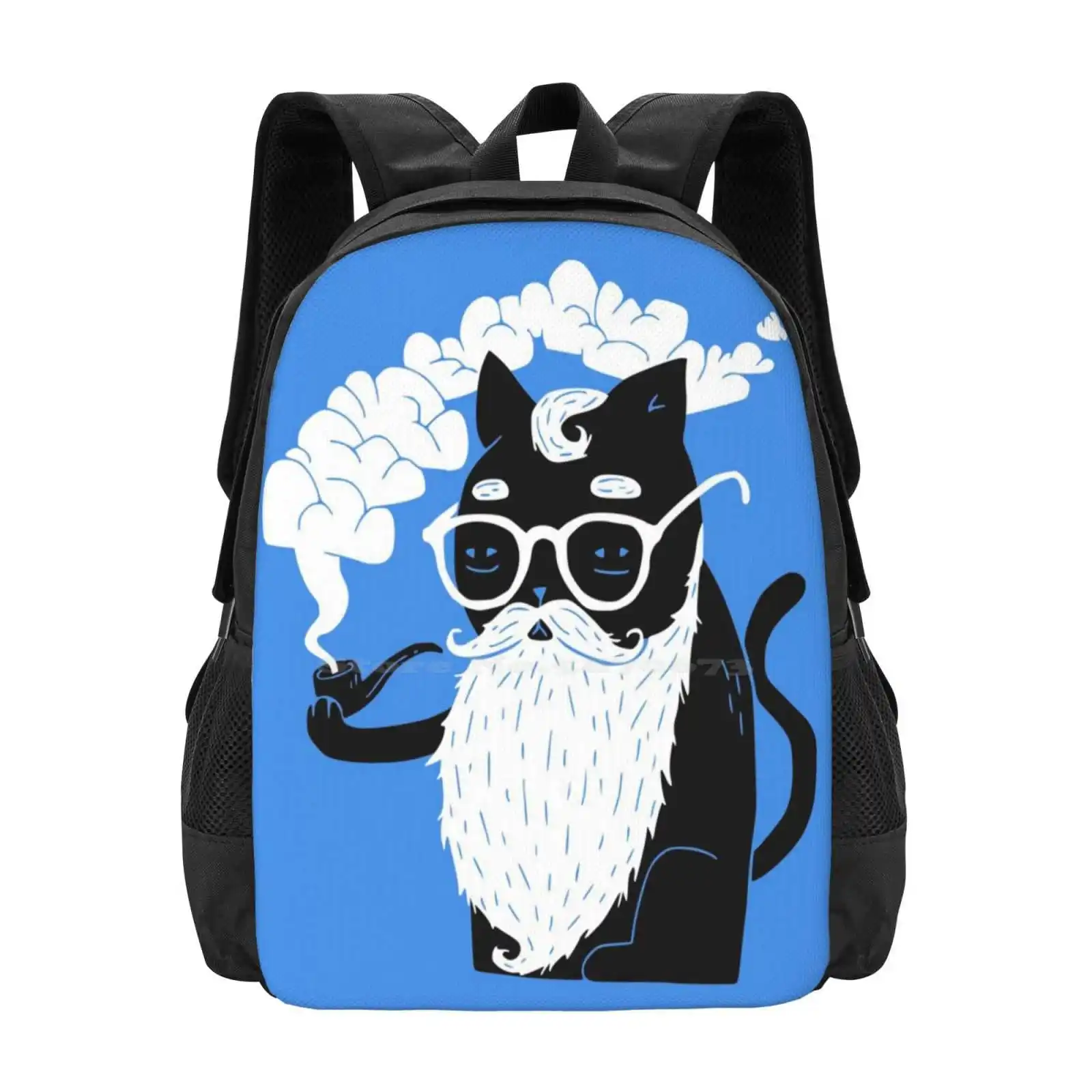 

Whiskers And Pipe School Bag Big Capacity Backpack Laptop Cats Beards Pipes Smoking Smokes Smoker White Black Cool Cat