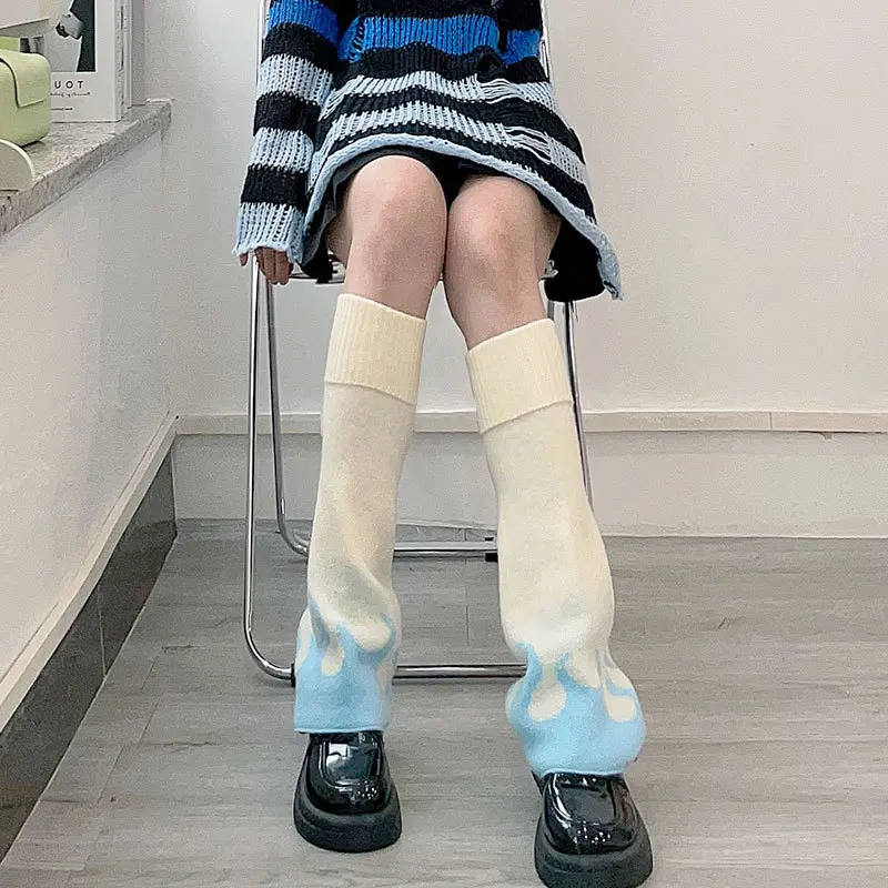 Lolita Knitted Wide Leg Socks for Warm Y2K Girls Calf Covers for Winter Leg Warmers Leg Socks Dark Gothic Punk Flame Leg Covers