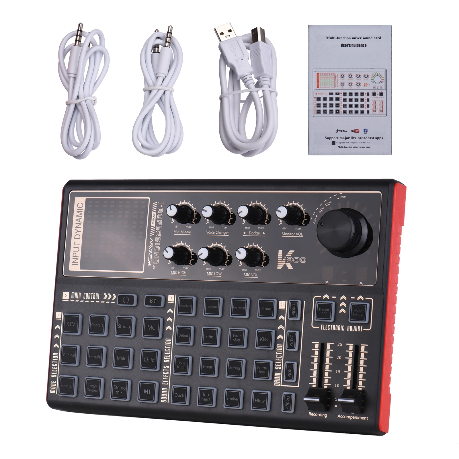 SK300 Live Sound Card External Voice Changer Audio Mixer Built-in Rechargeable Battery Multiple Sound Effects for Live Streaming