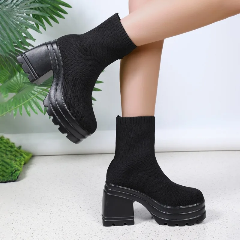 Designer Ankle Boots for Women Brand Woman Heels Platform Chunky Blue Cowboy Boots Solid Women Shoes New Sexy High Heels