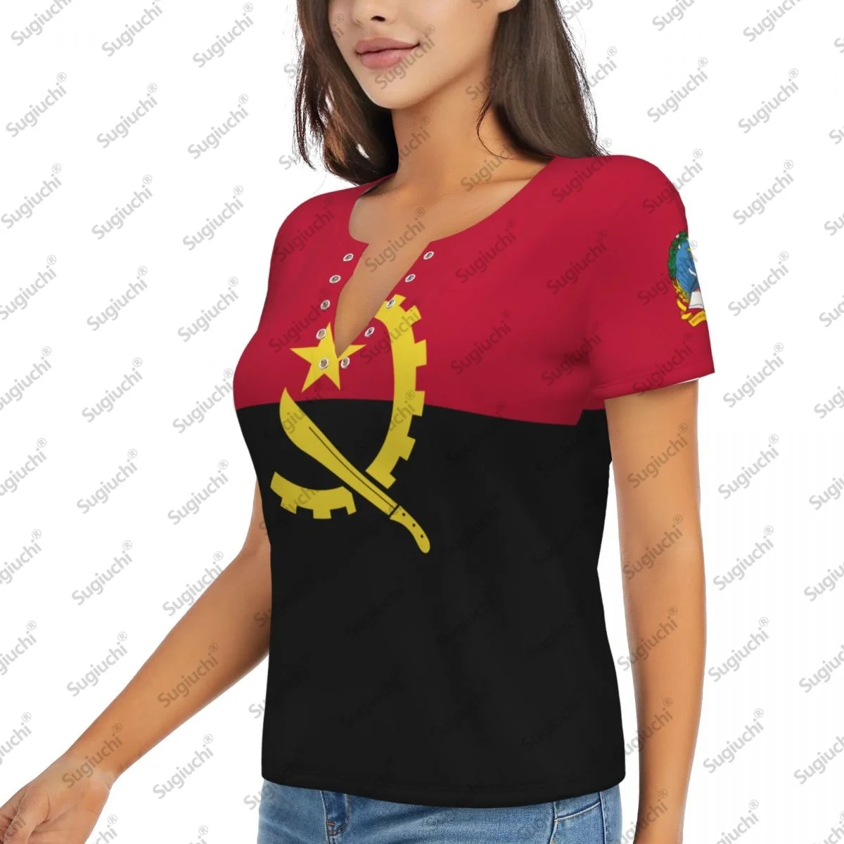2025 أنغولا العلم مثير العميق الخامس الرقبة المرأة ثلاثية الأبعاد ملابس بأكمام قصيرة تيز الملابس النسائية بلايز فتاة بلوزة غير رسمية تيز #2