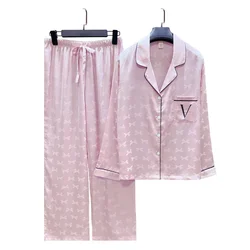 New Jacquard Pink Pajamas Women's Bow Loungewear  silk pajamas for women  sexy sleepwear pijamas de mujer  women pajamas set