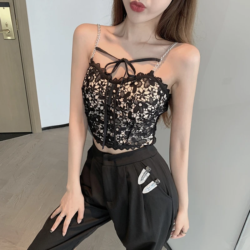 Women's T-shirt Lace Flower Vest Sleeveless Tie-Up Metal Chain Shoulder Strap Slim Fit Cropped Tank Tops Streetwear Summer Y2k