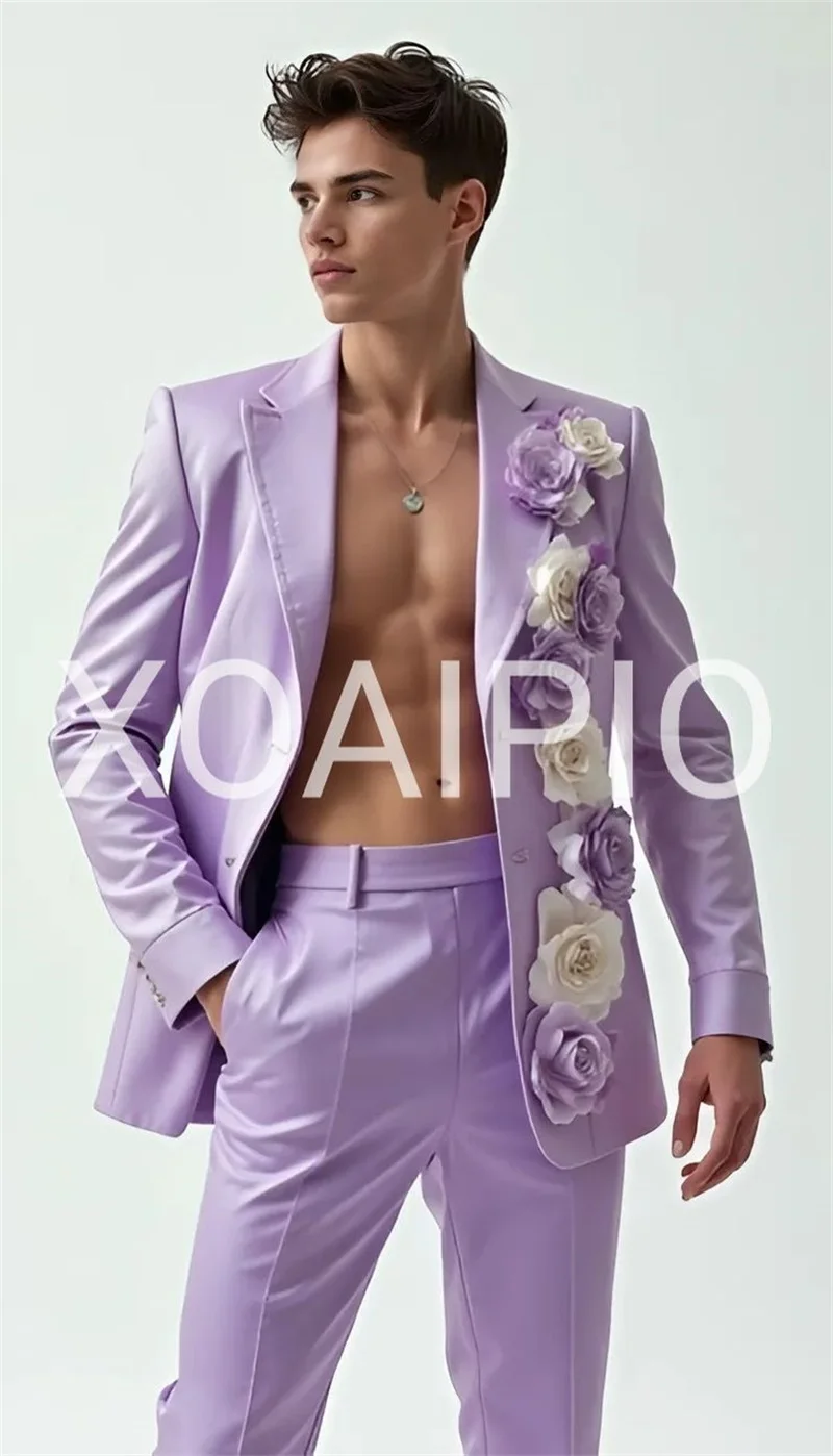 Purple White Men Suits Set 2 Pieces Blazer+Pants Trousers 3D Flower Customized Wedding Tuxedos Formal Office Jacket Coat