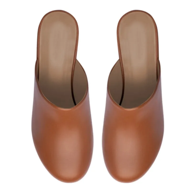 

SHOFOO Fashionable women's high-heeled slippers. Brown leather slippers. Closed toe slippers. About 11cm heel height. SIZE:34-46