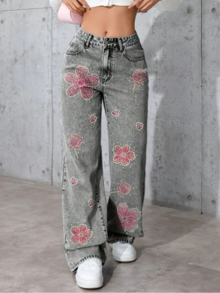 

Women Gray Rhinestone Hot Fix Denim Jeans Elastic Soft Fabric Elegant Color Diamond Decor Casual Long Pants Streetwear Trousers
