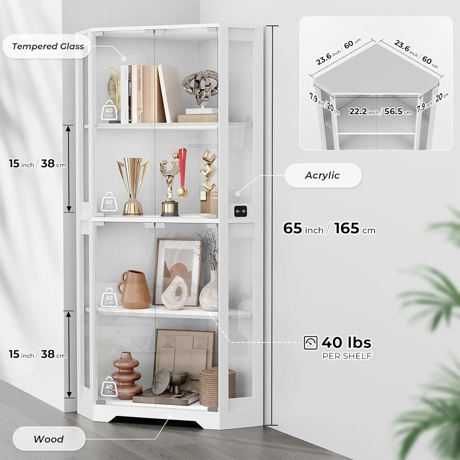 Corner Display Cabinet with Glass Doors 65 Lighted Curio Display Case with 3 Color Lights and Human Sensor