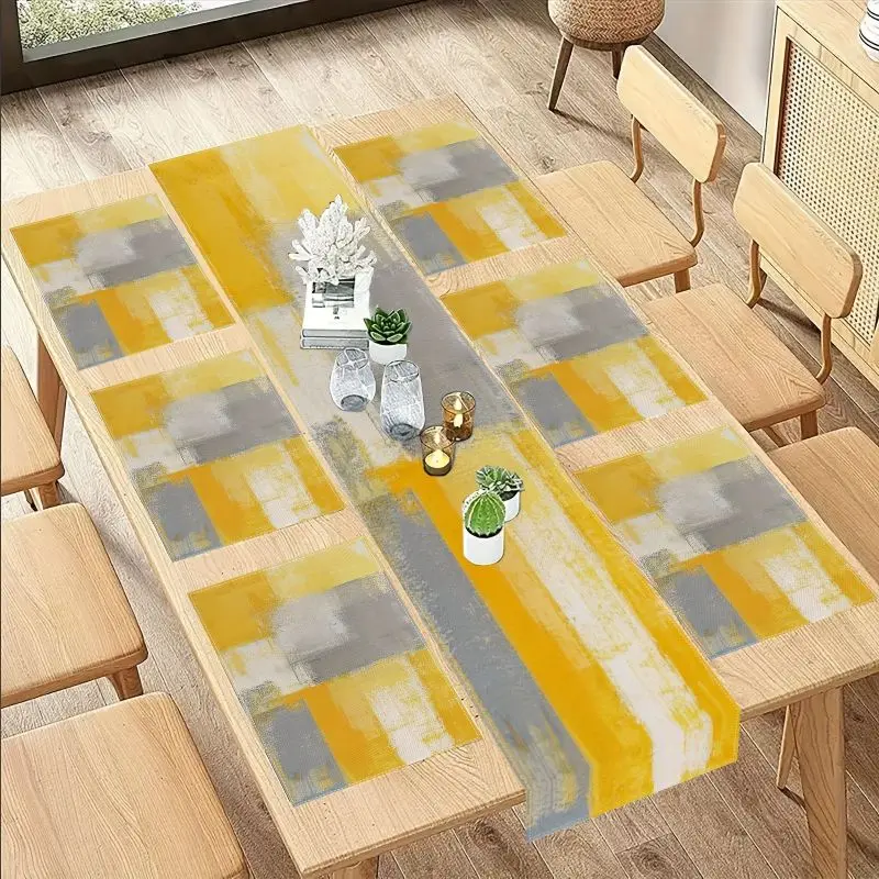 Morandi Color Contrasting Geometric Style Table Runner Mat Set Waterproof and Anti Slip Kitchen Dining Table Mat Home Decor