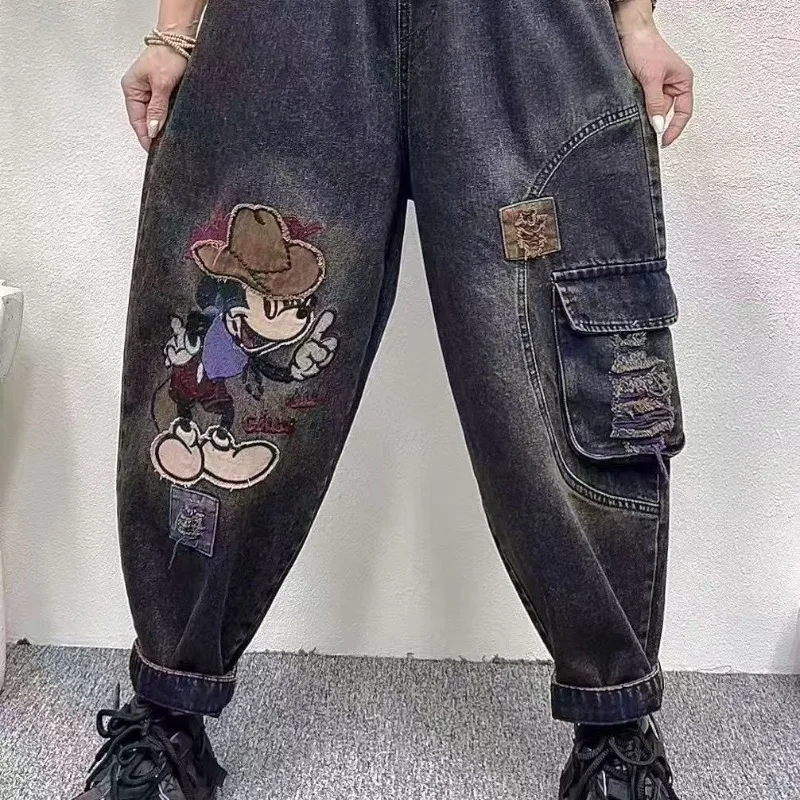 

Women's New Spring Plus Size Dad Jeans, Mickey Embroidery Appliqué Patch Pocket, Loose Baggy Figure-Flattering Casual Denim