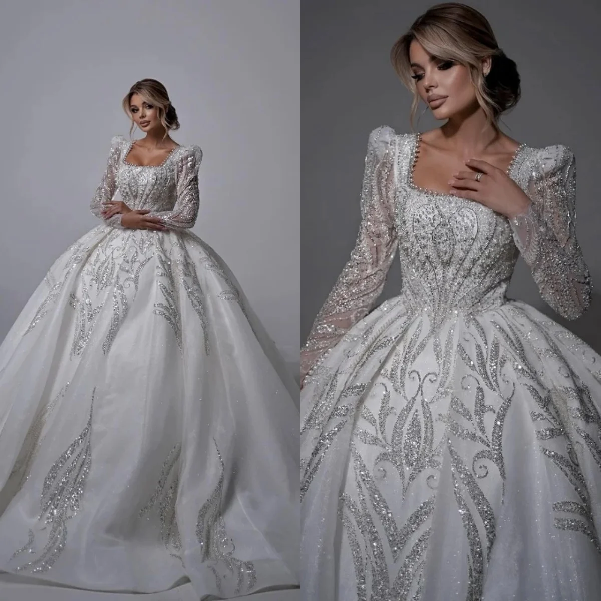 Luxury Pearls Beads Wedding Dress With Train Square Neck Puff Sleeve Bridal Gown Customized Organza Dresses For Bride