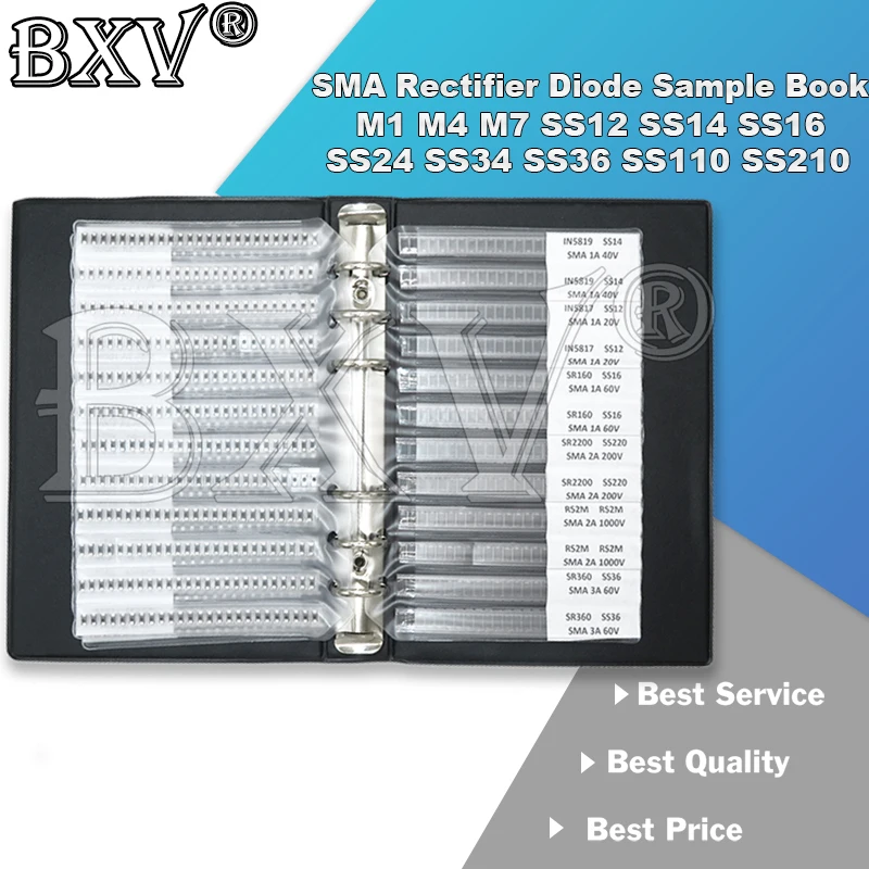 SMA المعدل ديود عينة كتاب 24 قيم M1 M4 M7 SS12 SS14 SS16 SS24 SS34 SS36 SS110 SS210 شوتكي الثنائيات SMD مجموعة متنوعة