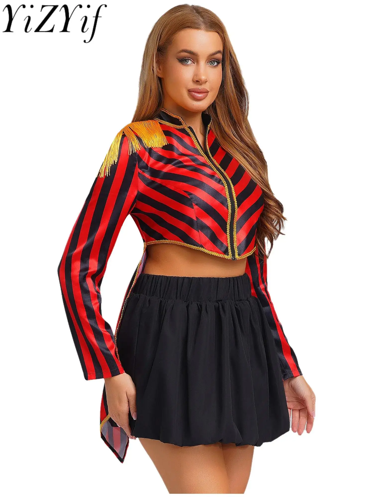 

Elegant Women Magic Show Magician Cosplay Tailcoat Long Sleeve Striped Jacket Coat for Halloween Circus Dress-up Party Waistcoat