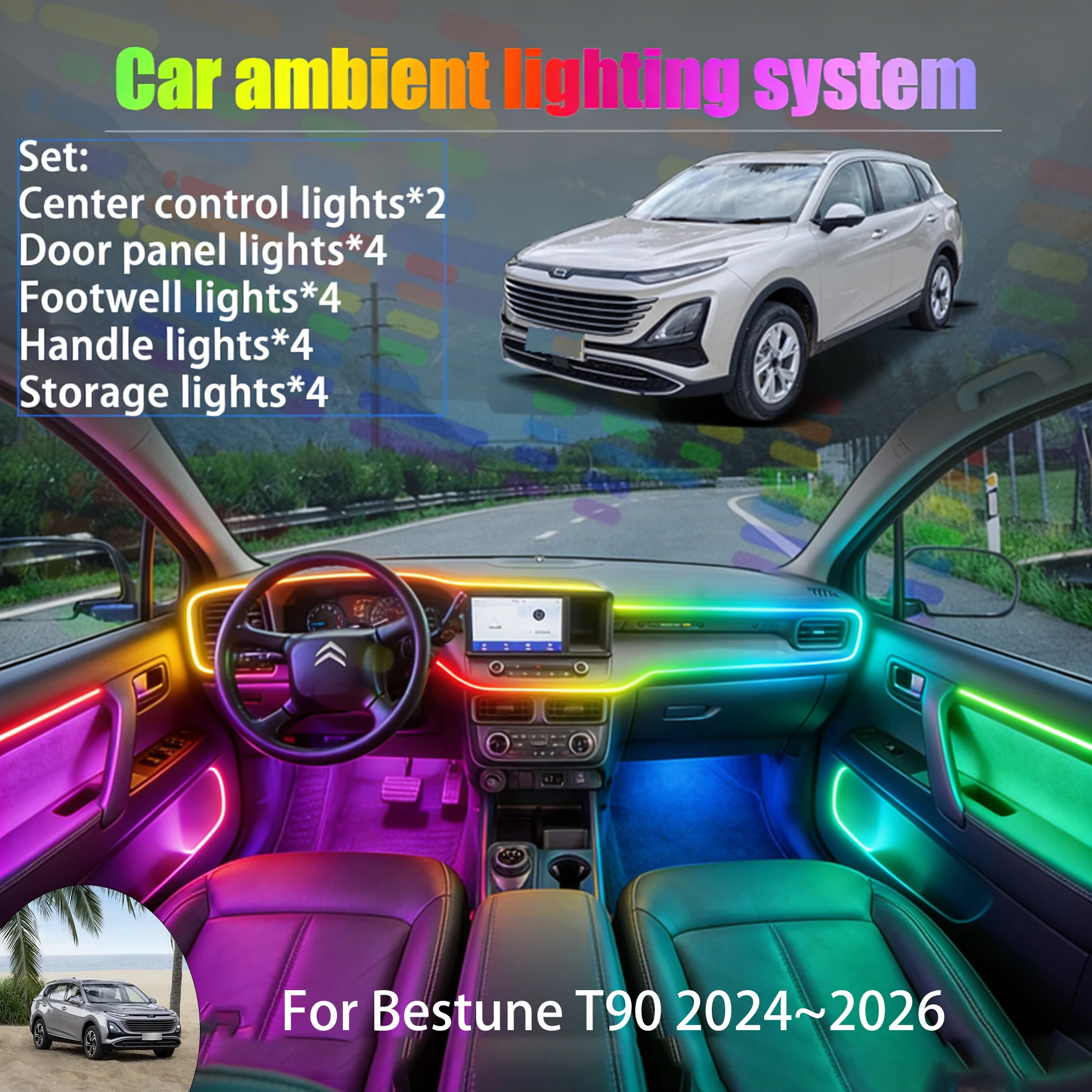 

Для Bestune T90 2024~2026: Комплект светодиодной подсветки салона и багажника 2/18 в 1, USB RGB, с эффектом бегущей строки, автозапчасти