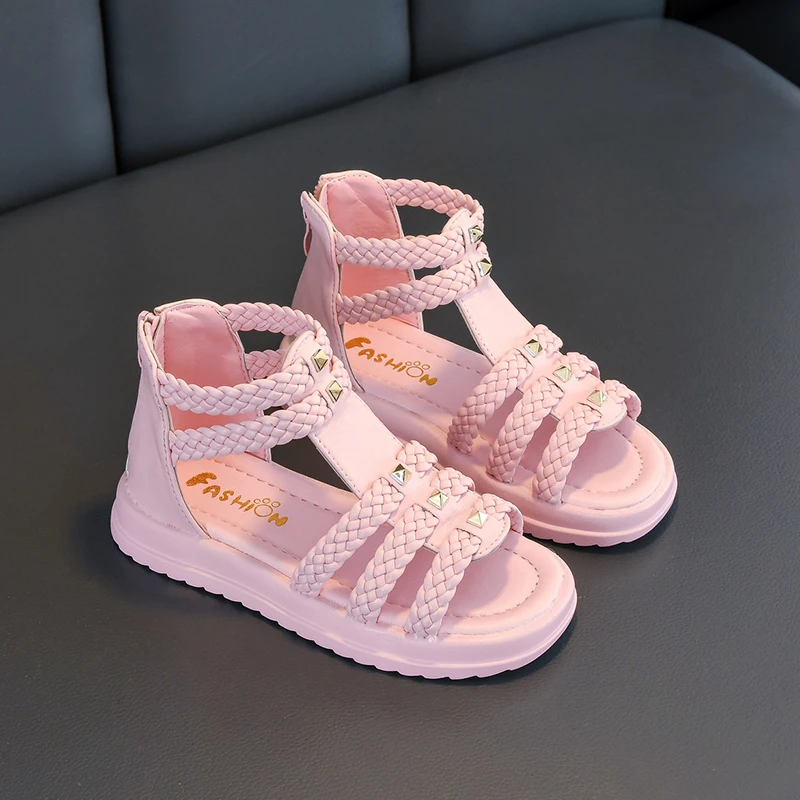 Girls Roman Sandals Open Toe Braided Solid Color High-top Simple Rivets New Summer Hollow Flat Casual Shoes Kids Fashion Casual