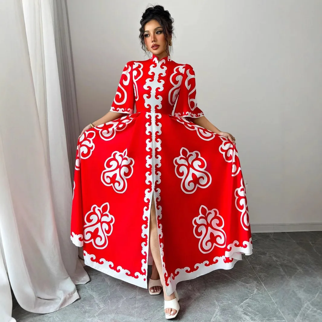 Woman Clothes Red Cheongsam Collar Loose Fit Floral Dress Ethnic Style Dress African Dress Elegant Long Dress