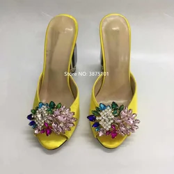 Colorful Diamond Slippers Women Unique Desgin Sandals Middle Square Crystal Heels Shoes Open Toe Summer Sexy Ladies Slides