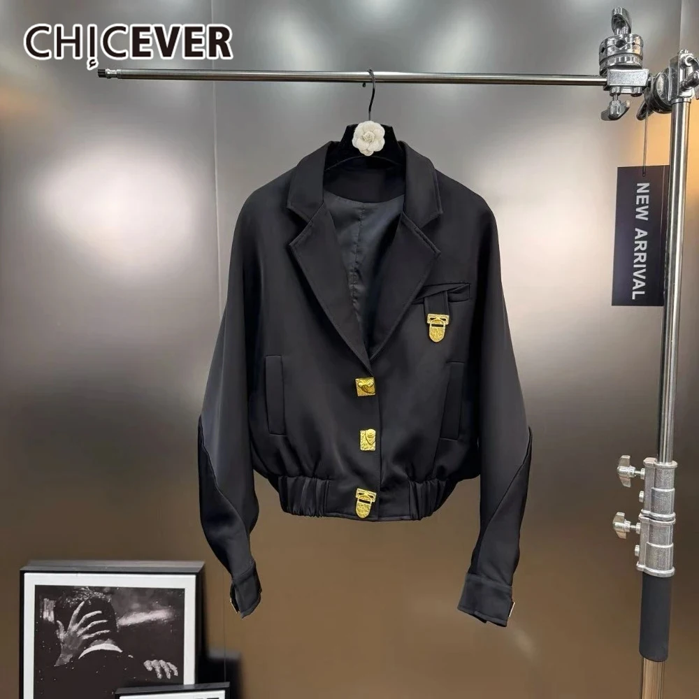 

CHICEVER черный цвет модное короткое пальто для женщин с лацканами и длинными рукавами с металлической пряжкой повседневные базовые куртки женская осенняя одежда