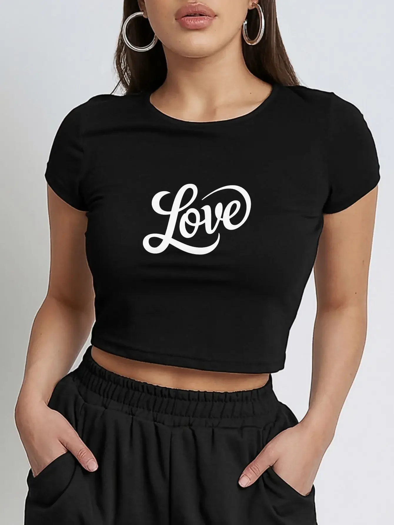 

Casual Chic Spring Summer Ladies T Shirts Everyday Lightweight Fabric Women's Sleeve Polyester Black with White Lettering Slim