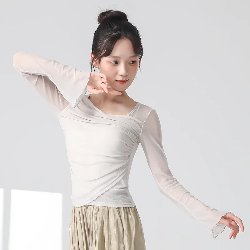 Women Classical Dance Costume Long-sleeve Yarn Top Adult Chinese Modern Hanfu Dance Training Clothes Female Dancewear