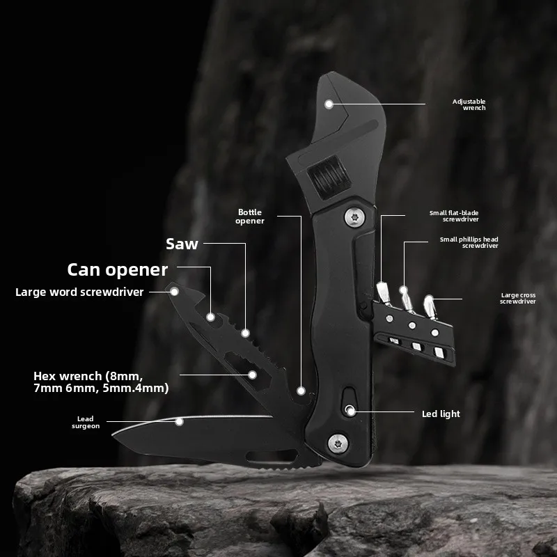 

Многофункциональный инструмент EDC с прямой ручкой для кемпинга и светодиодной отверткой, регулируемый гаечный ключ, нож